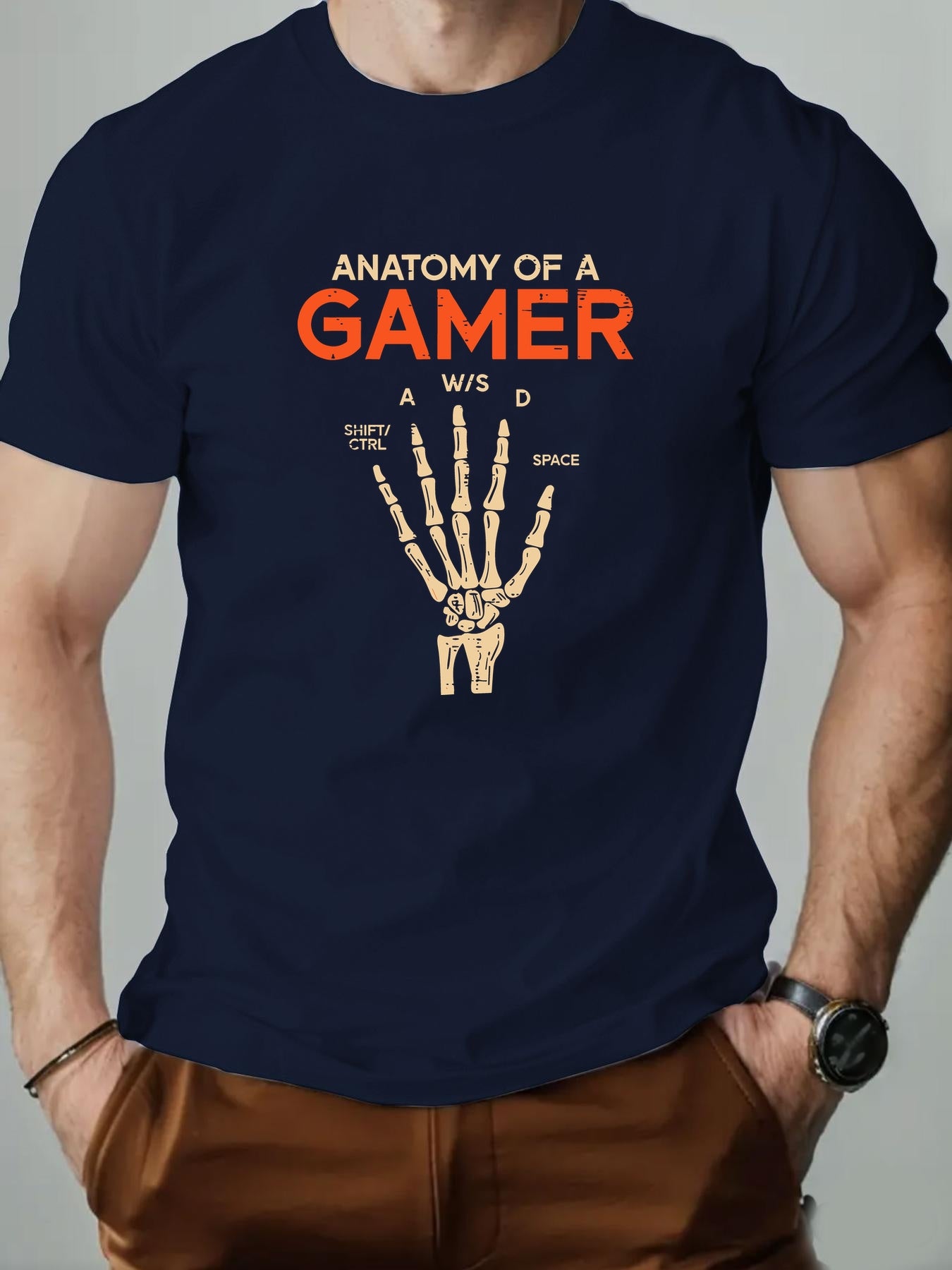 Men's Anatomy of a Gamer Graphic T-Shirt - Black Casual Short Sleeve Summer Tee with Skeleton Hand & Gaming Controls Design, Lightweight Round Neck Regular Fit for Adult Gamers, Gaming Shirt