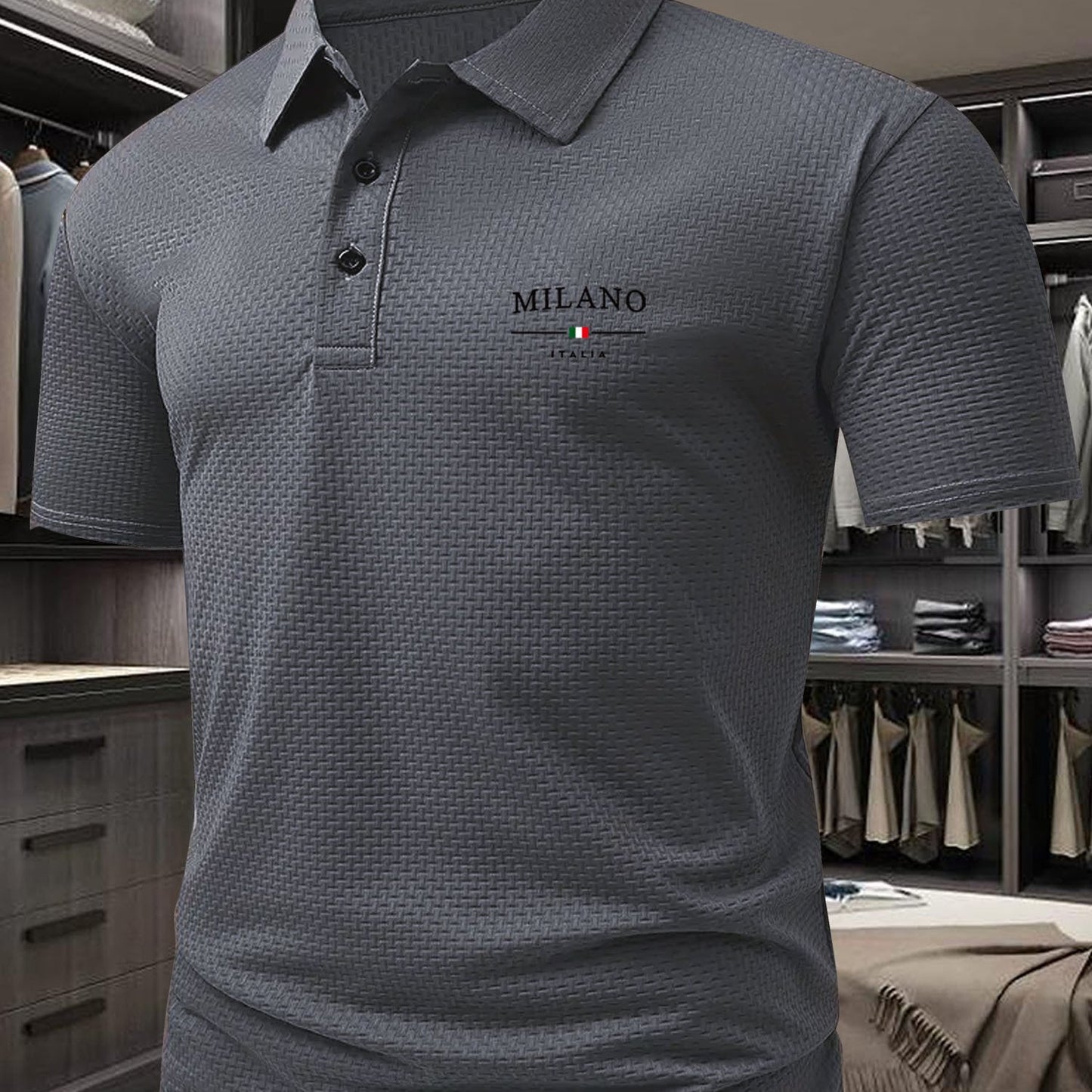 Milano Men'S Casual T-Shirt - Breathable Regular Fit Short Sleeve Shirt with Geometric Print, Button-Up Collar for Summer Comfort & Casual Attire, Comfortable Clothing, Easycare Material