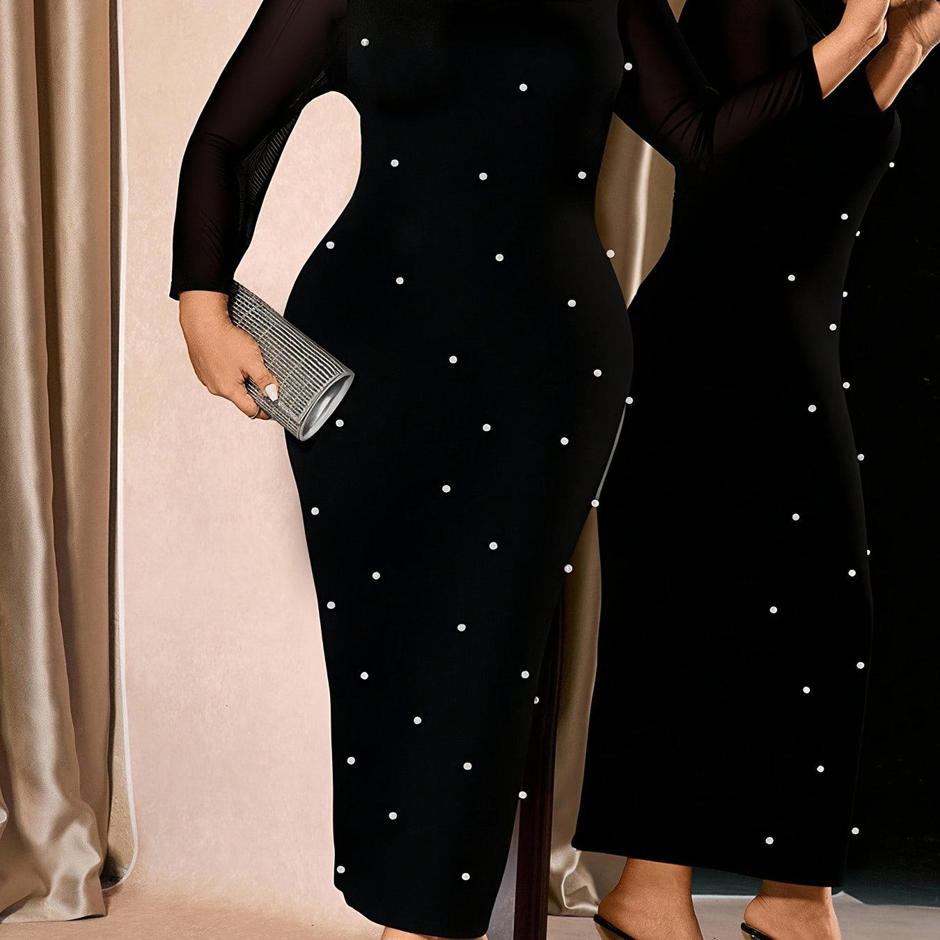 Plus Size - Plus-Size Women'S Elegant And Fashionable Long-Sleeve Dress with a Square Neckline And Faux Pearl Embellishments for Spring And Autumn