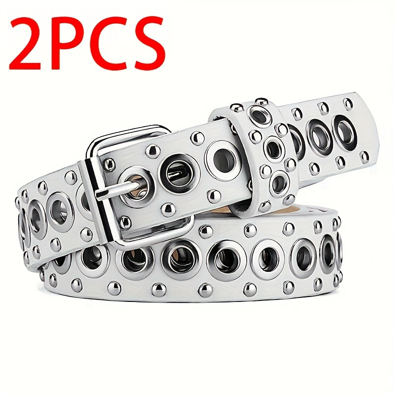 Lot de 2 ceintures pour femmes – Ceintures tendance à clous, boucle à ardillon, style street punk hip-hop Y2K, à porter avec jupes et jeans, ceinture quotidienne, tenue de festival, ceinture statement, design audacieux