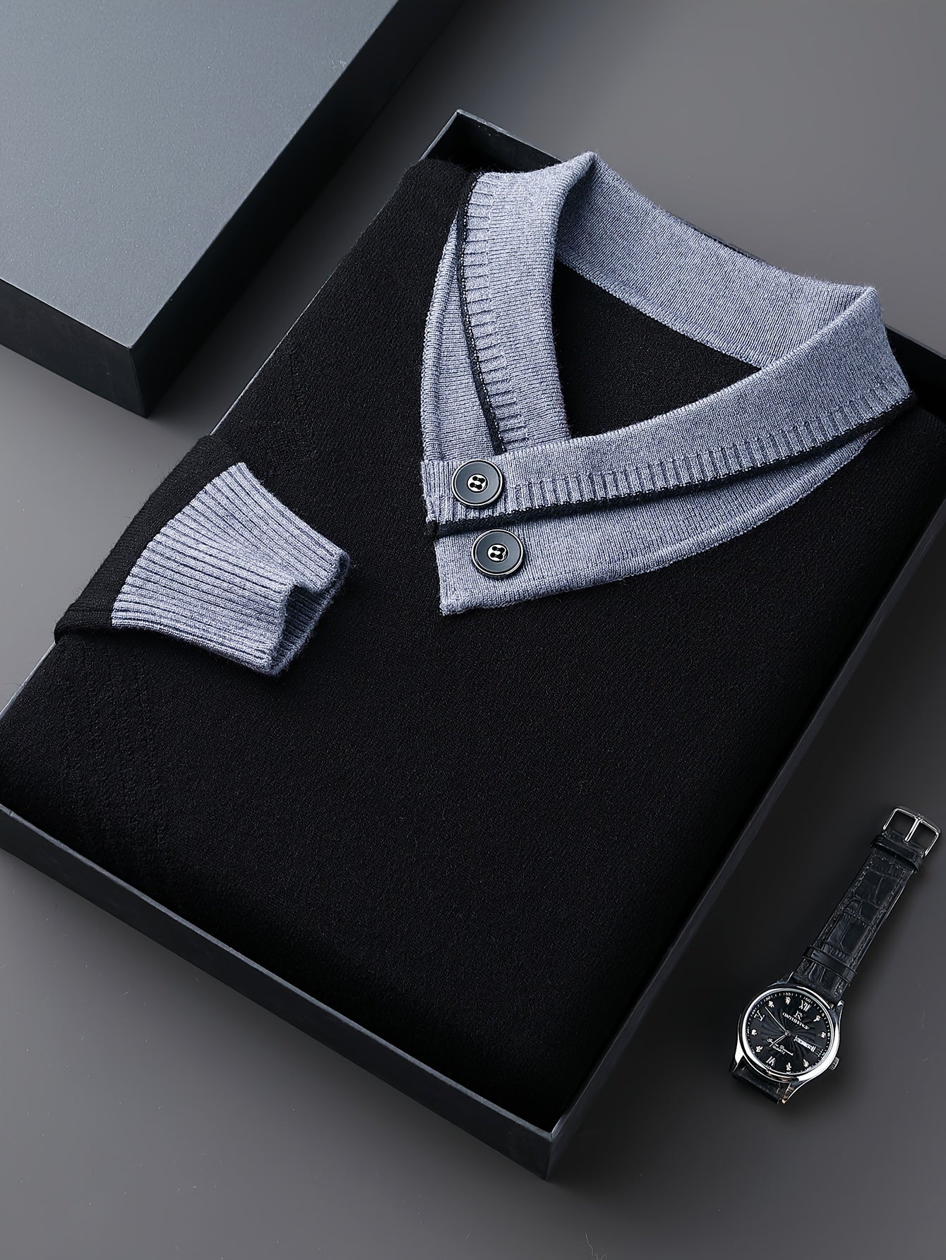 1pc Men'S Winter V-Neck Sweater with Dual Button Detail - Color Block Knit Pullover, Viscose Fabric, Long Sleeve, Regular Fit, Casual Style for Fall/Winter - Soft, Warm, Skin-Friendly Inner Layer, Thick