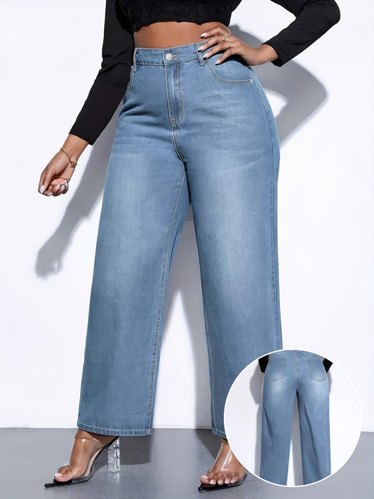 Jeans Femme Grande Taille Taille Haute Jambe Large Bleu Clair Extensible Slim Vintage Effet Usé Poches Toute Saison Décontracté