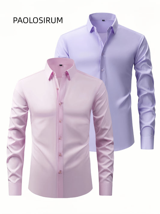 Two-Piece Set of Men'S Solid Color Elastic Shirts Ice Sliky Fiber Fabric Cool Shirts Breathable And Comfortable Business Casual Two-In-One Collar European And American Tops Men'S Clothing Multi-Color Optional Convenient Washi