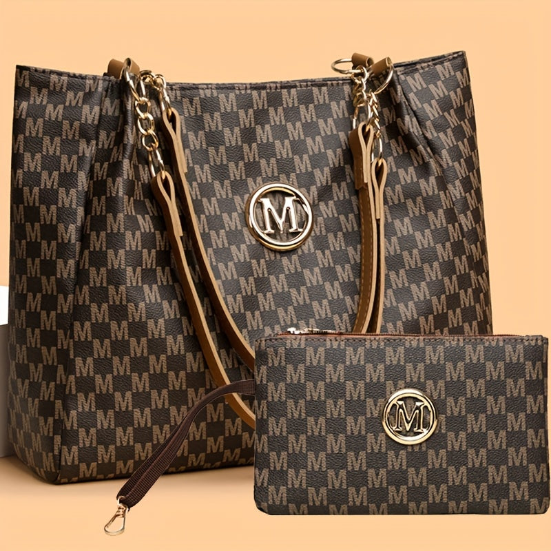 Ensemble sac à main et portefeuille pour femmes motif pied-de-poule logo M sac bandoulière à sangle fixe fermeture éclair grande capacité pour voyage quotidien travail et déplacements élégant