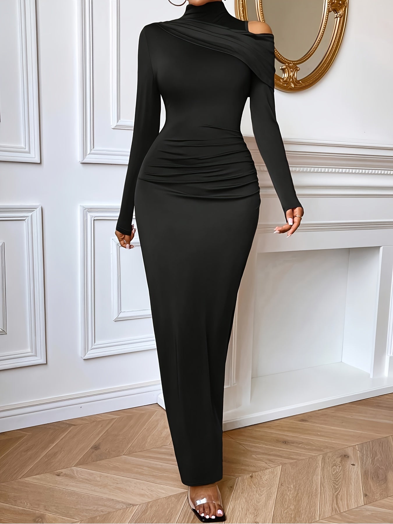 Robe Femme Élégante **Maxi Col Haut et Épaules Dénudées** — Coupe Sirène/Trumpet A-Line, Fente à l’Ourlet, Manches Bouffantes, Longueur au Sol, Idéale pour Soirées Formelles, Mariages et Invitées, Style Sophistiqué et Qualité Supérieure