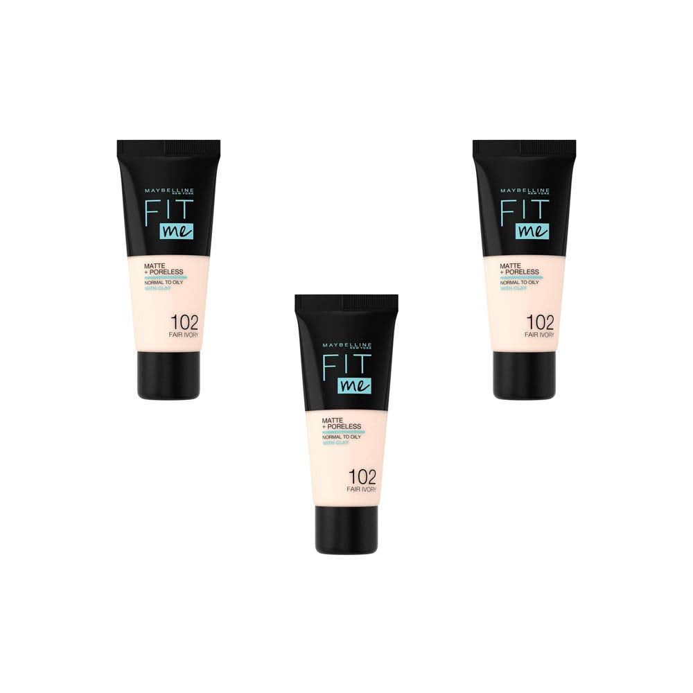 Lot de 3 Fonds de Teint Liquides Fit Me Matte & Poreless – Teinte 102 Ivory Light (3 x 30 ml), Fini Mat & Anti-Brillance, Couvrance Naturelle Longue Tenue