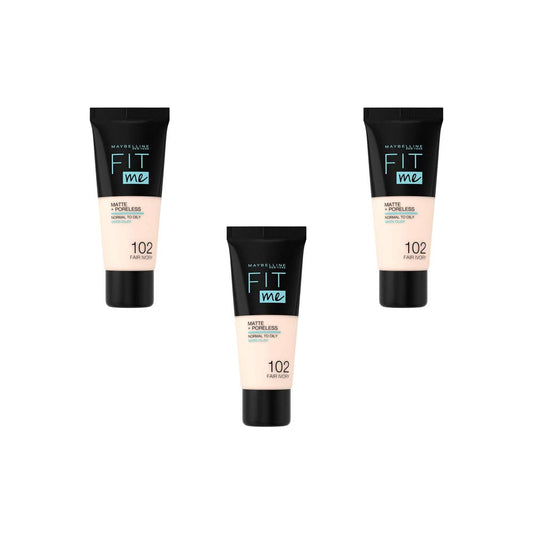 Lot de 3 Fonds de Teint Liquides Fit Me Matte & Poreless – Teinte 102 Ivory Light (3 x 30 ml), Fini Mat & Anti-Brillance, Couvrance Naturelle Longue Tenue
