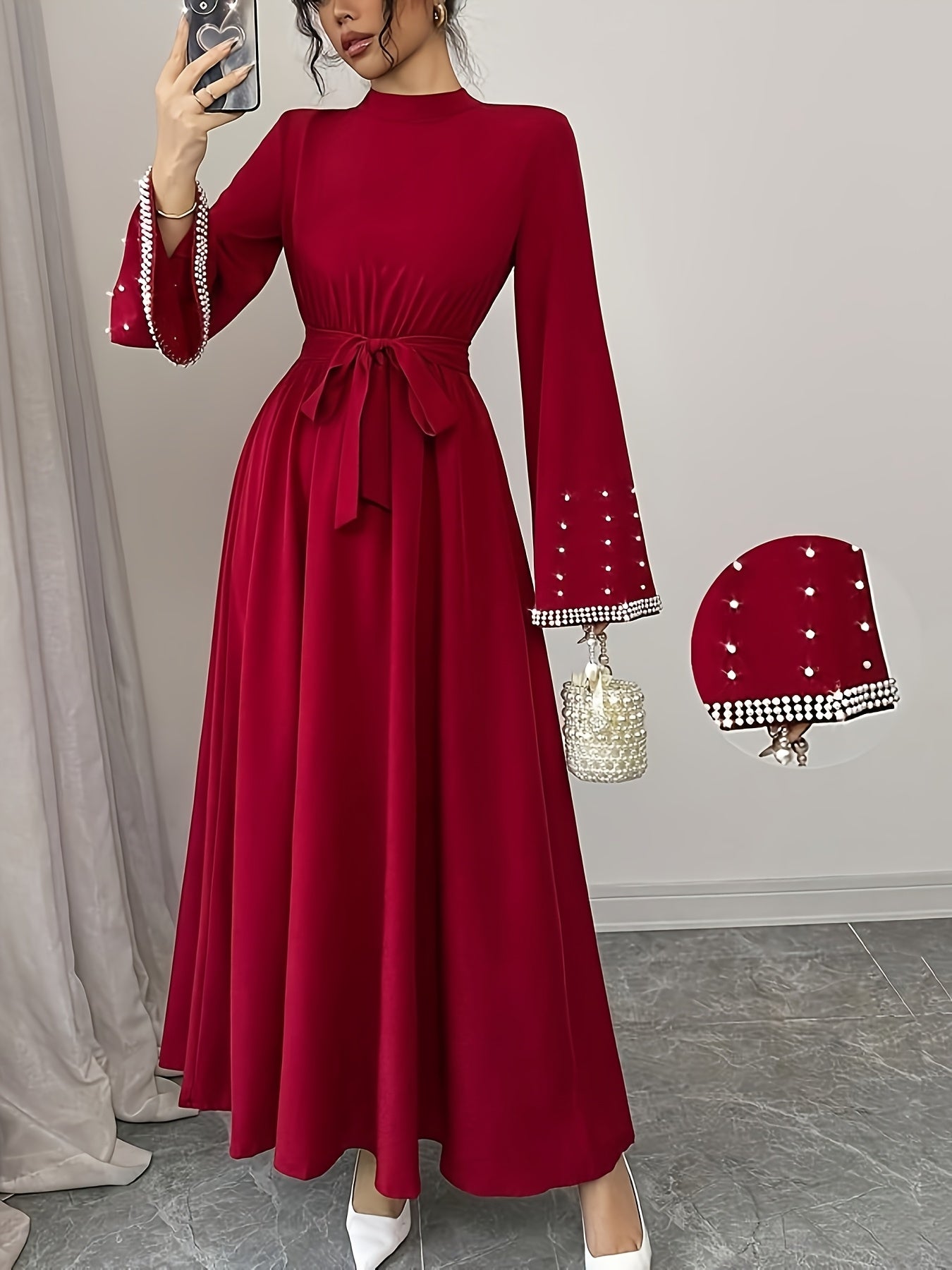 Elegant Women'S High-Neck Flared Sleeve Dress