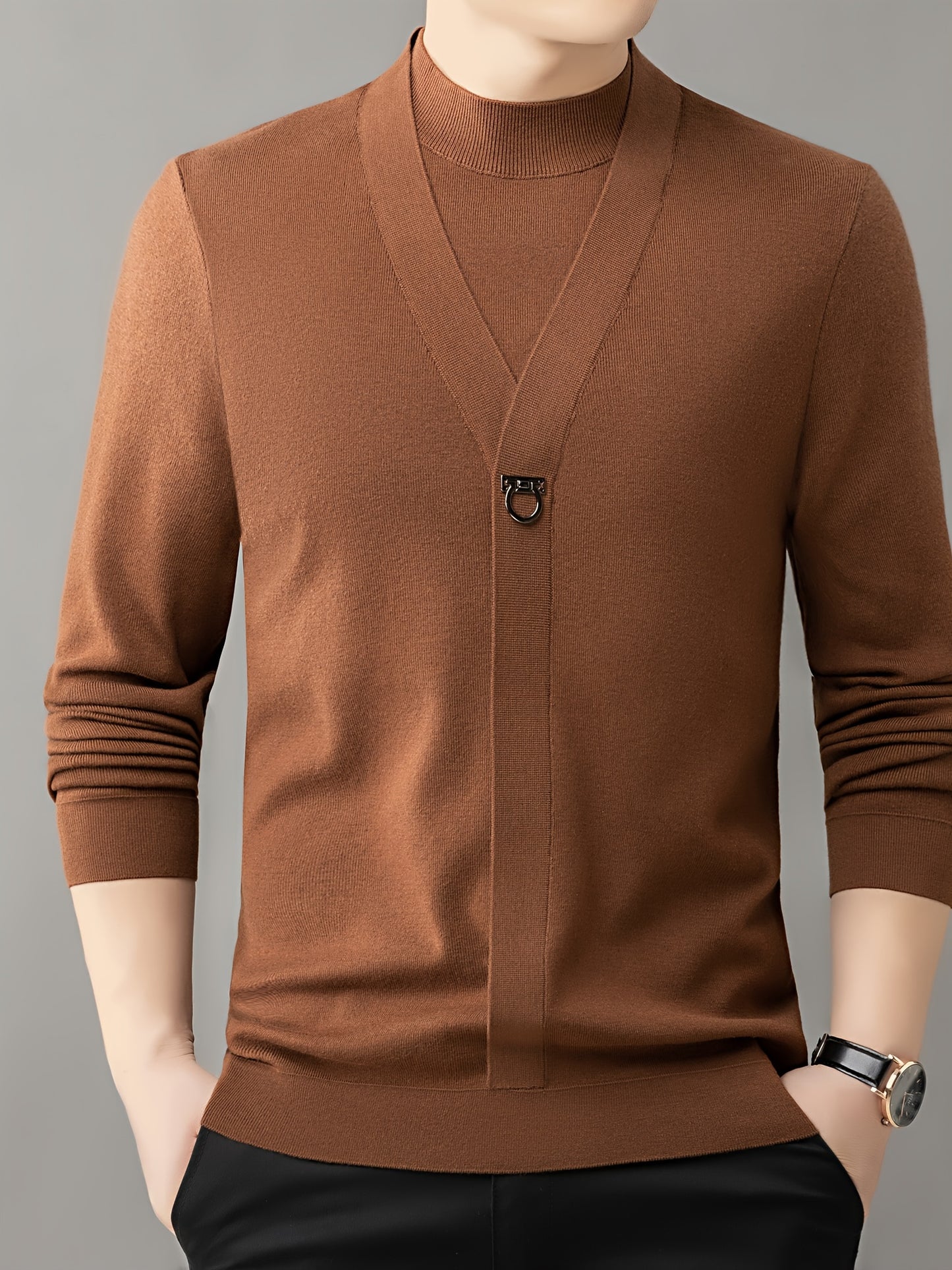 New Autumn And Winter Men'S Fashion: a Round-Neck Long-Sleeve Sweater That Looks Like a Two-Piece, Suitable for Business Casual Wear, Featuring a Faux Placket Design, Knit