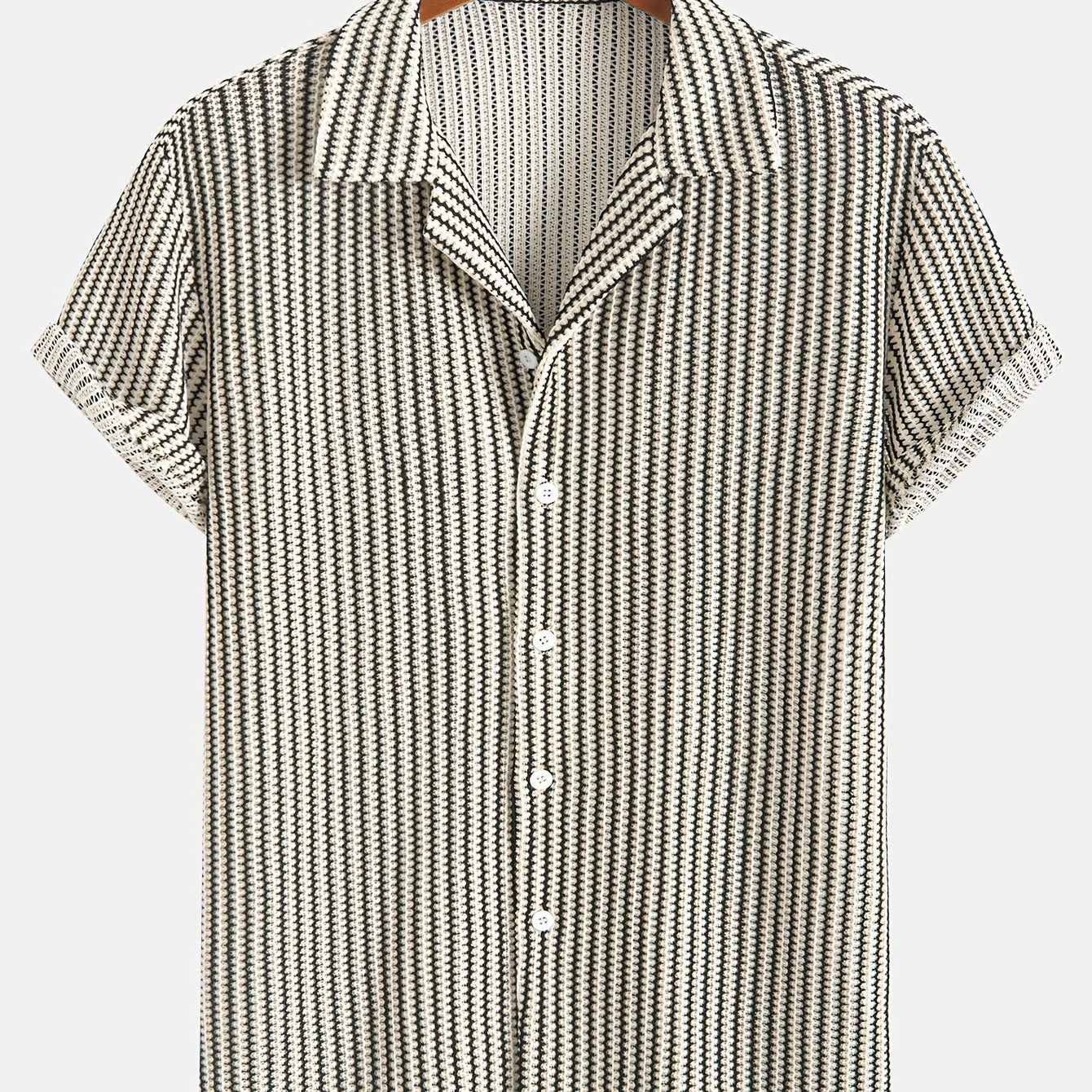 Men's Fashion Classic Personality Beige Brown Interwoven Knit Suit Collar Full Open Button Design, Suitable for Daily Casual Fashion, Simple Outing Commute Street Trend Summer New Short Sleeve Shirt