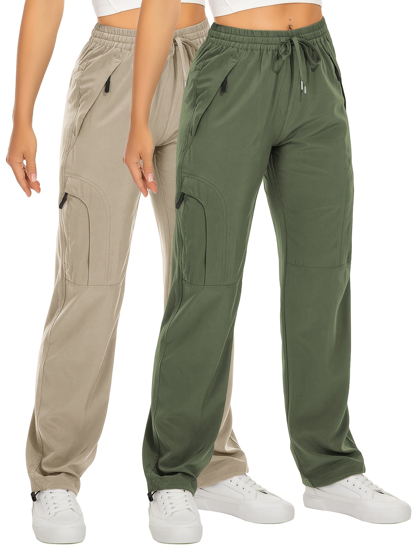Lot de 2 Pantalons Cargo Femme – Poches Zippées, Tissu Respirant et Séchant Rapidement, Extensible, Automne, Noir et Blanc