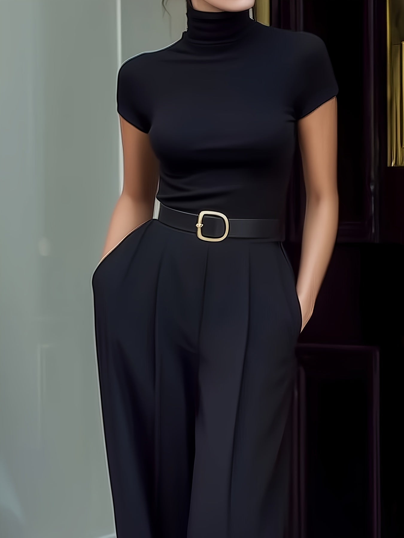 Ensemble Femme – Haut Col Roulé et Pantalon Taille Haute, Sans Ceinture
