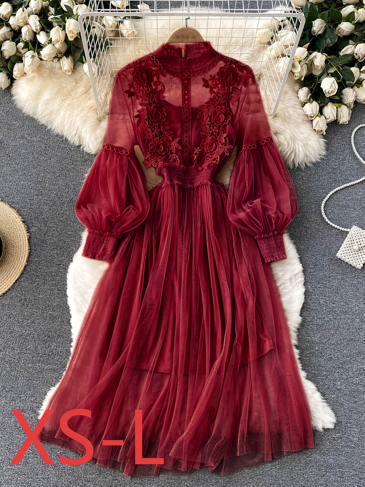 Ensemble Robe Élégante Femme – Blouse Transparente Brodée Florale avec Manches Lanternes, Jupe Longue Fluide, Débardeur en Dentelle, Idéal Printemps/Été/Automne, Cadeau Luxueux pour Femme