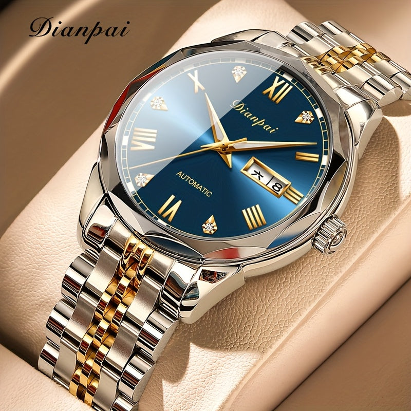 Luxury Men'S Fully Automatic Mechanical Watch with Luminous Calendar & Date Display - Stainless Steel Strap, Golden-Tone Dial, Business & Formal Wear, Without Battery, Formal Accessory, Professional Men, Stylish Men
