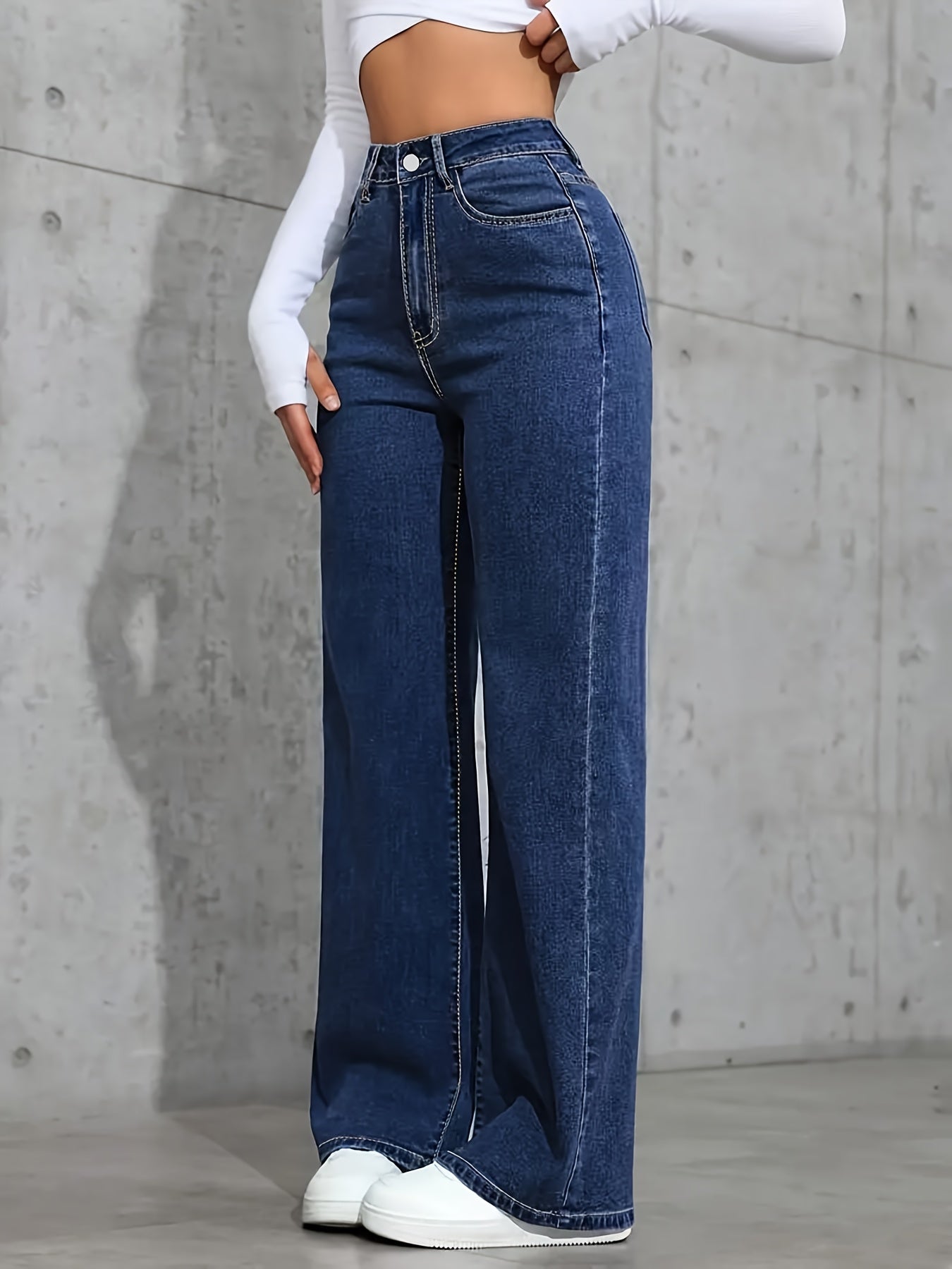 Jeans Femme Taille Haute – Coupe Droite, Bleu Denim avec Poches, Extensible, Style Décontracté, Fermeture Boutons, Confort Toutes Saisons, Tissu Durable