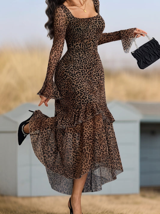 Robe Sirène Élégante Femme – Imprimé Léopard Violet, Manches Bouffantes Évasées, Traîne, Col Carré, Silhouette H-Line, Idéale Soirées, Mariages et Événements Formels, Lavable en Machine