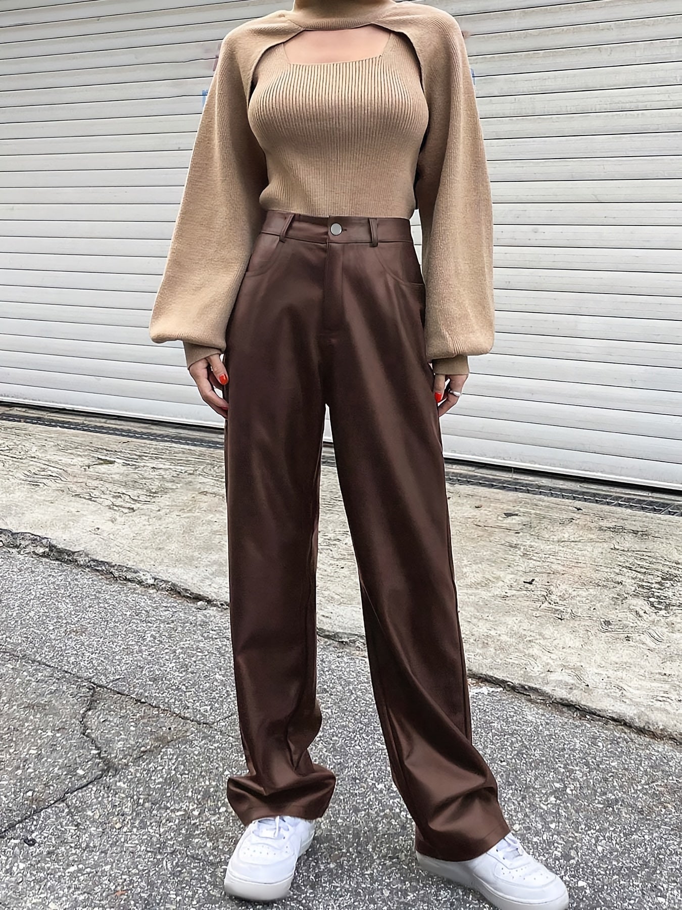 Pantalon Femme Taille Haute – Jambe Droite Marron, Élégant, Bureau et Décontracté, Poches Latérales, Extensible, Tous Saisons