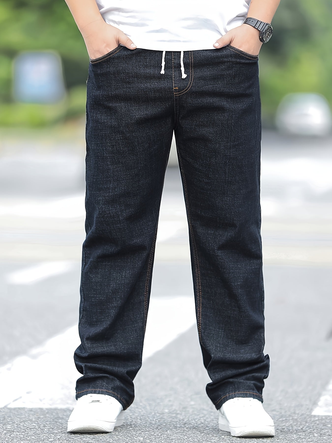 Jeans grande taille pour homme – coupe droite ample, taille haute élastique, style simple et polyvalent, pantalon long automne/hiver, grande taille