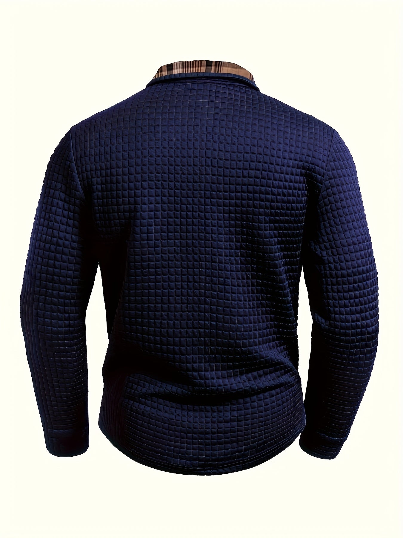 Men'S Casual Warm Long Sleeve Polo Shirt - Gray with Brown & White Plaid Collar, Button-Up Front, Textured Waffle Weave, Perfect for Fall, Casual Wear|Plaid Pattern Shirt|Buttonup Collar Shirt