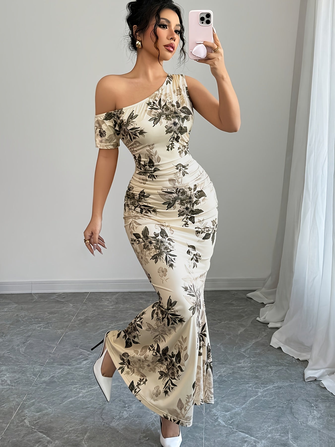 Women's Floral Print Asymmetrical Shoulder Ruffle Design Mermaid Hem Elegant and Delicate Party Date Dress