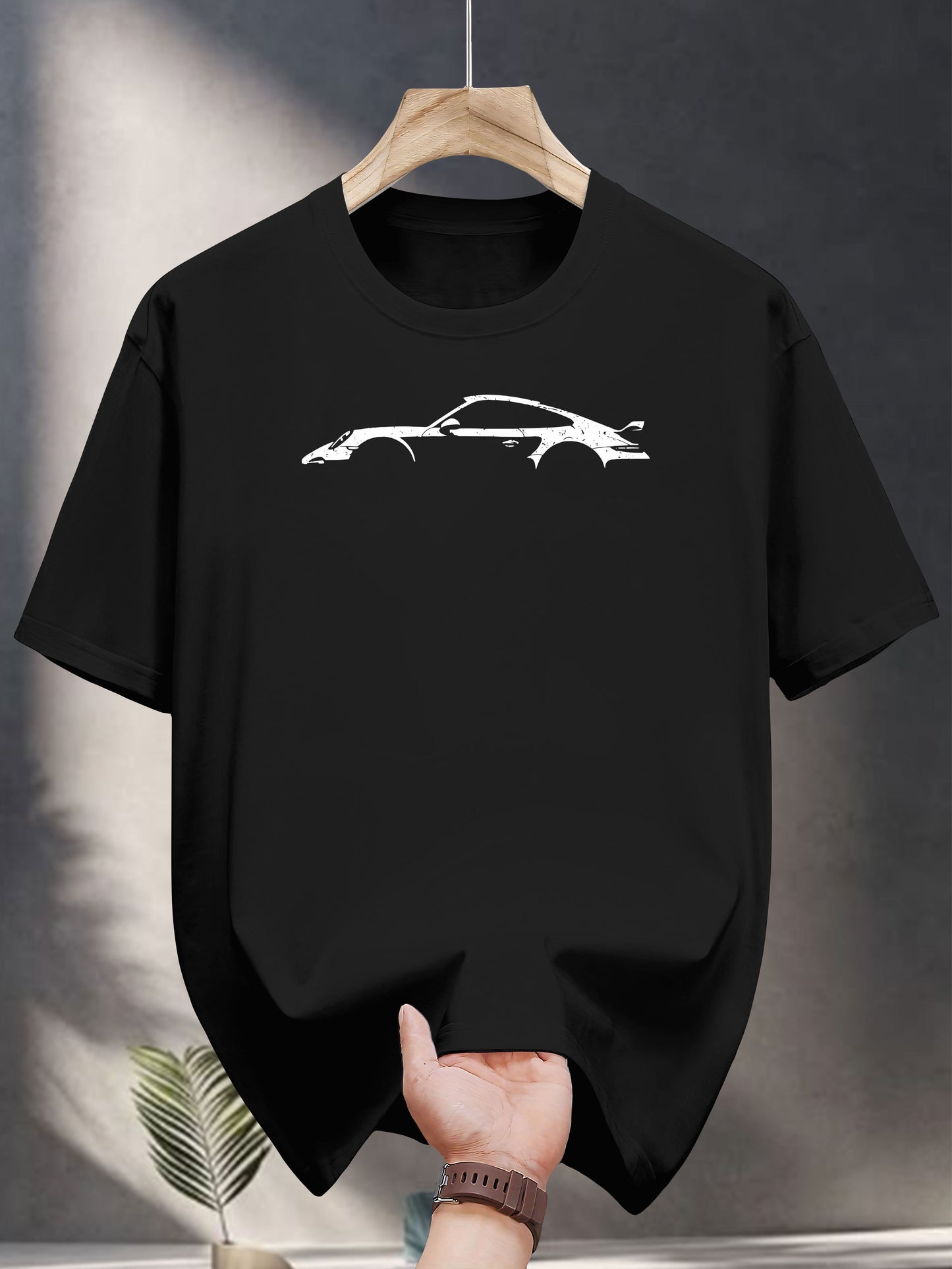 200g 100% Cotton Casual Short Sleeve T-Shirt with Car Graphic Print - Black Round Neck Summer Tee for Adults, Machine Washable