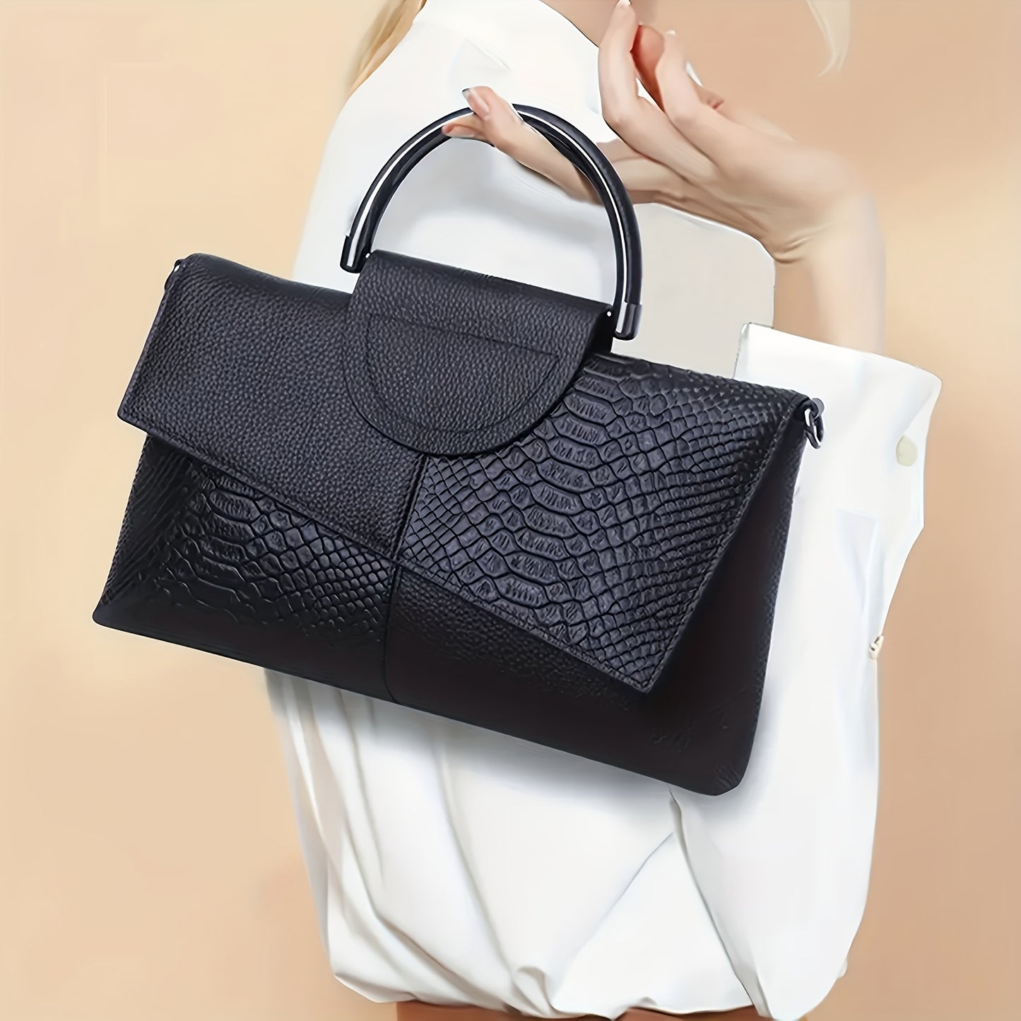 Sac à Main Élégant Femme – Texture Crocodile sur Toute la Surface, Fermeture Magnétique et Bandoulière Amovible, Quincaillerie Dorée, Doublure, Sac Polyvalent pour Travail, Shopping, Événements Formels et Usage Quotidien – Luxe Faux Croco