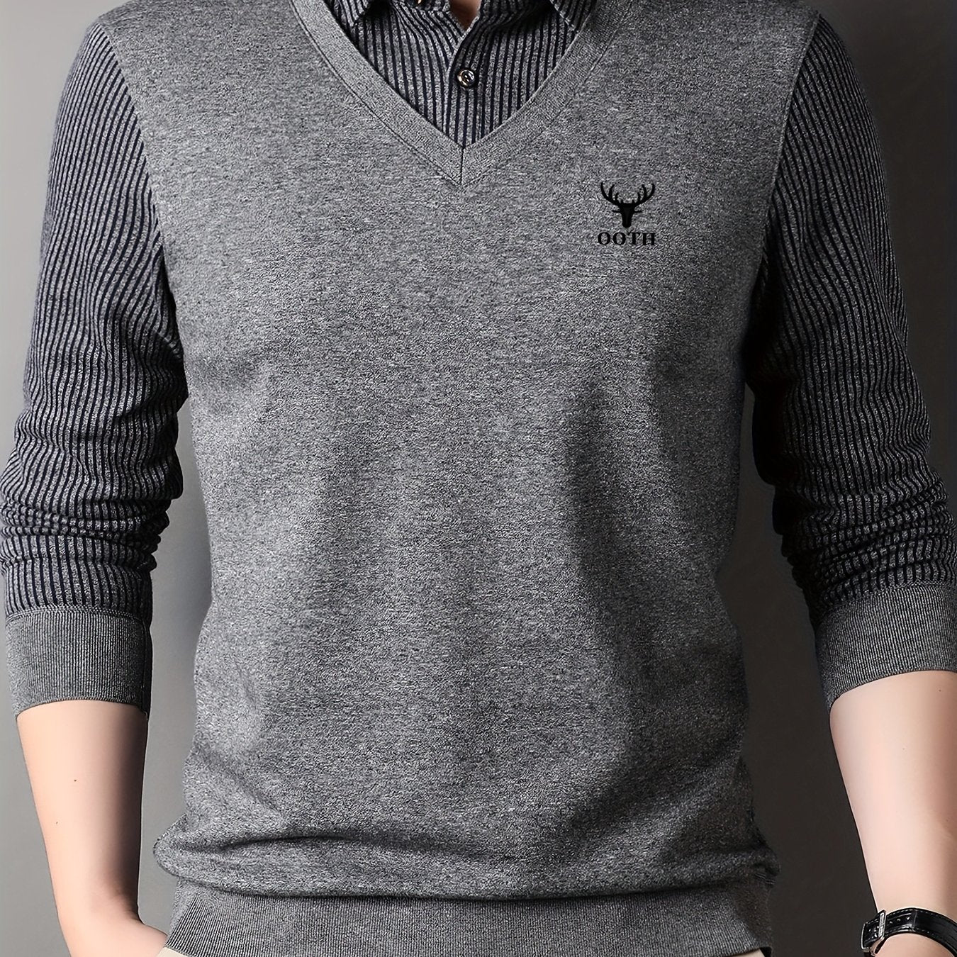 Men'S Spring And Autumn Thin Fake Two-Piece Lapel Button Long-Sleeved Knitted Pullover, Chest Embroidery, Button Placket, Suitable for Daily Commuting, Travel And Office And Other Scenes, Is The First Choice for Gifts