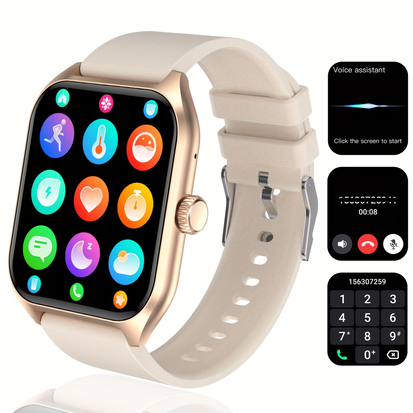 4.98cm Smart Watch with Body Temp/ Monitor, Smart Watch with Wireless Call (Answer/ Make/ Reject Calls) for Men Women, Fitness Activity Tracker with 100+ Sports Modes/ SOS/ Game/ AI Voice/ Calculator, Compatible with Android