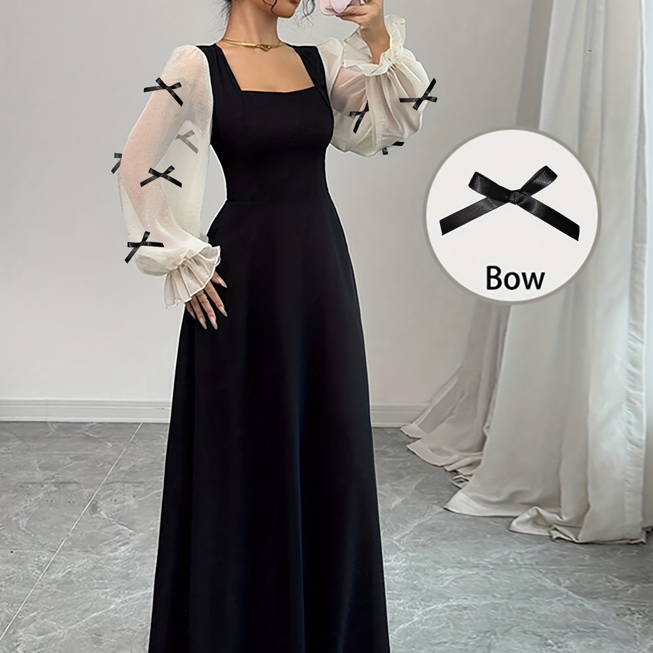 Chic Women'S A-Line Dress with Square Neck, Featuring Chiffon Bell Sleeves And Bow Accents, Perfect for Winter Celebrations, Christmas Parties, New Year Festivities, And Thanksgiving Gatherings.