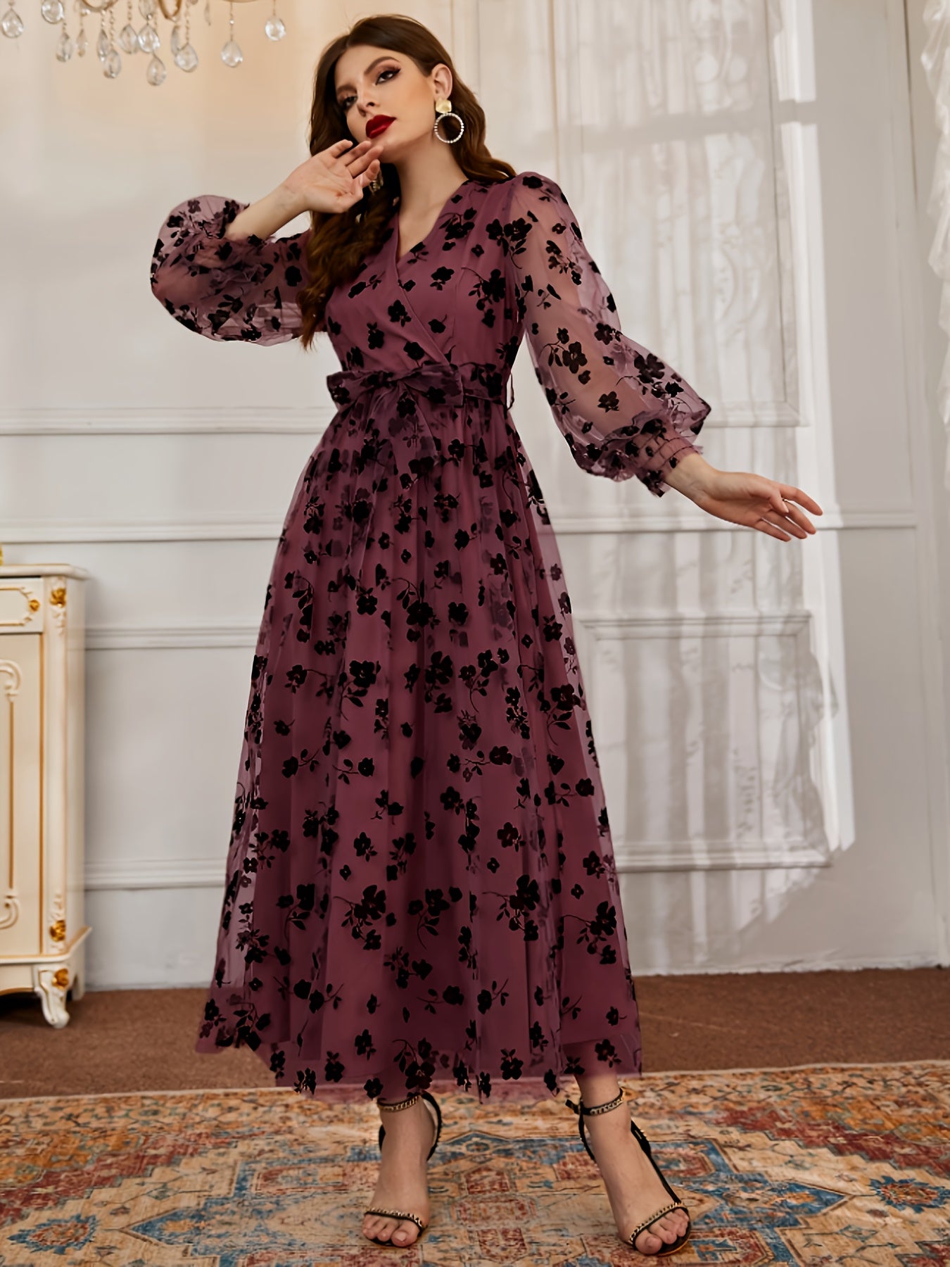 Robe Maxi Femme Élégante à Imprimé Floral – Coupe A-Line Fluide, Robe Formelle et Décontractée avec Ceinture Cintrante à la Taille, Manches Longues, Parfaite pour Mariages, Fêtes et Tenues Quotidiennes