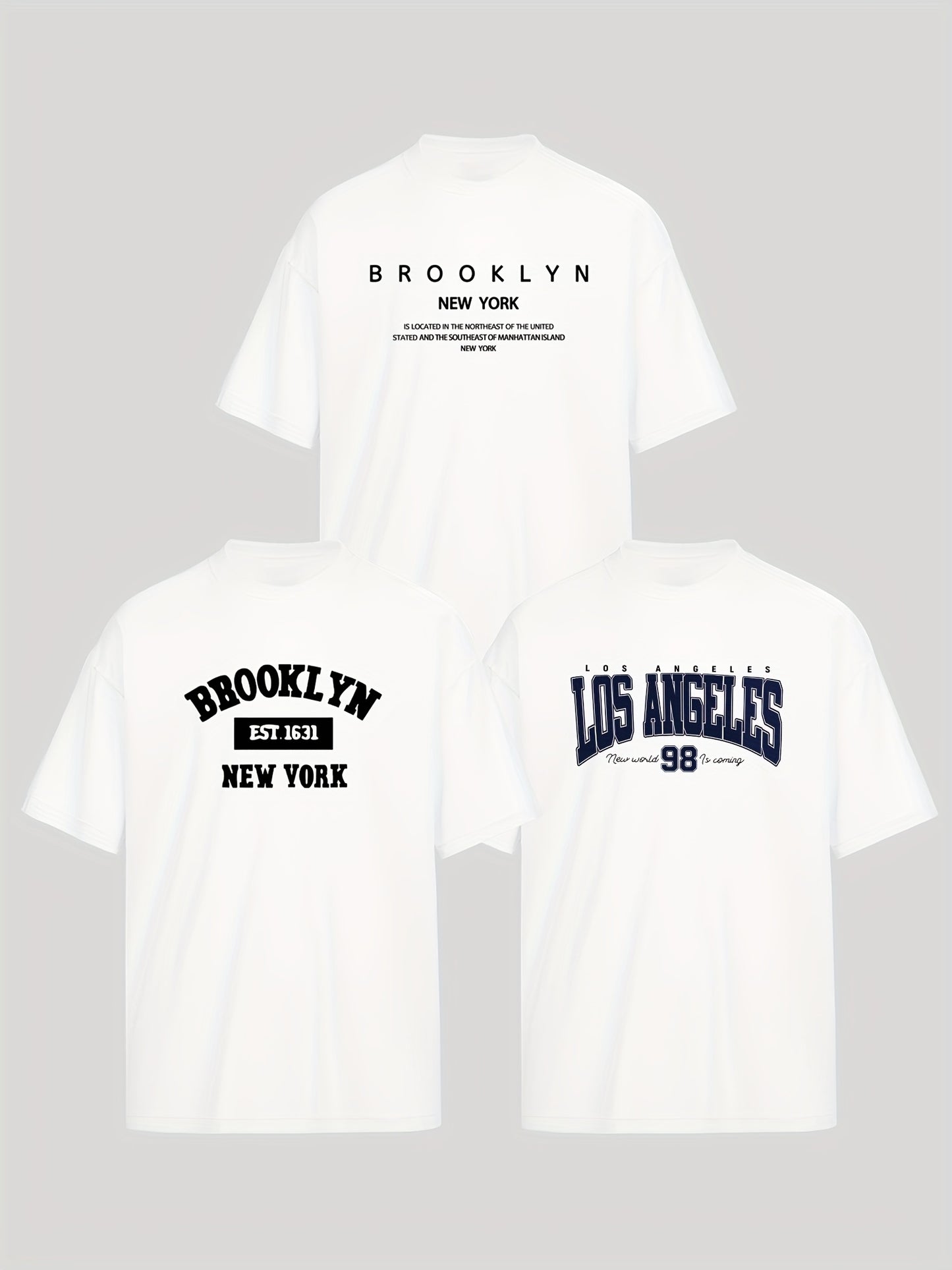 Three-Piece Set: Men's Casual Fashion BROOKLYN, LOS ANGELES Print Drop Shoulder Short Sleeve T-Shirt, Comfortable and Versatile