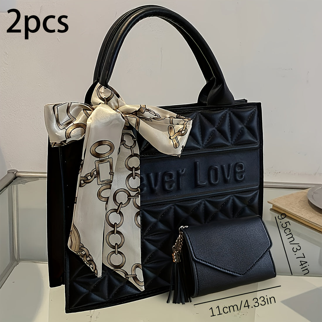 Set 2 Pièces Sac Carré à Motif Matelassé – Sac Cabas Grande Capacité, Sac à Épaule et Petit Portefeuille Assorti, Sac à Main Professionnel pour Femmes au Bureau