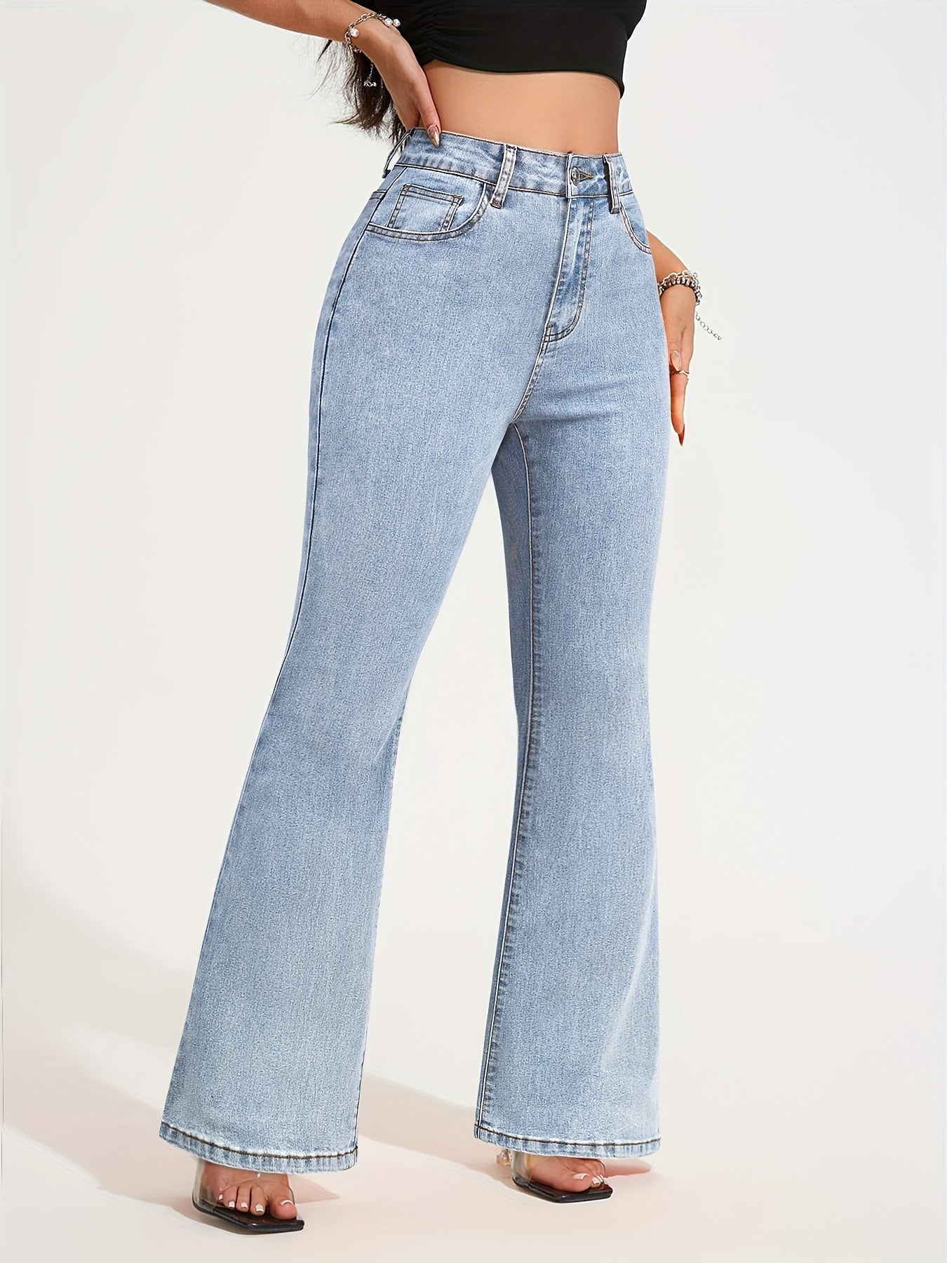 Jean évasé taille haute en denim stretch pour femme - Pantalon élégant gris délavé à jambes évasées avec fermeture à boutons, confortable en toute saison, jean taille haute