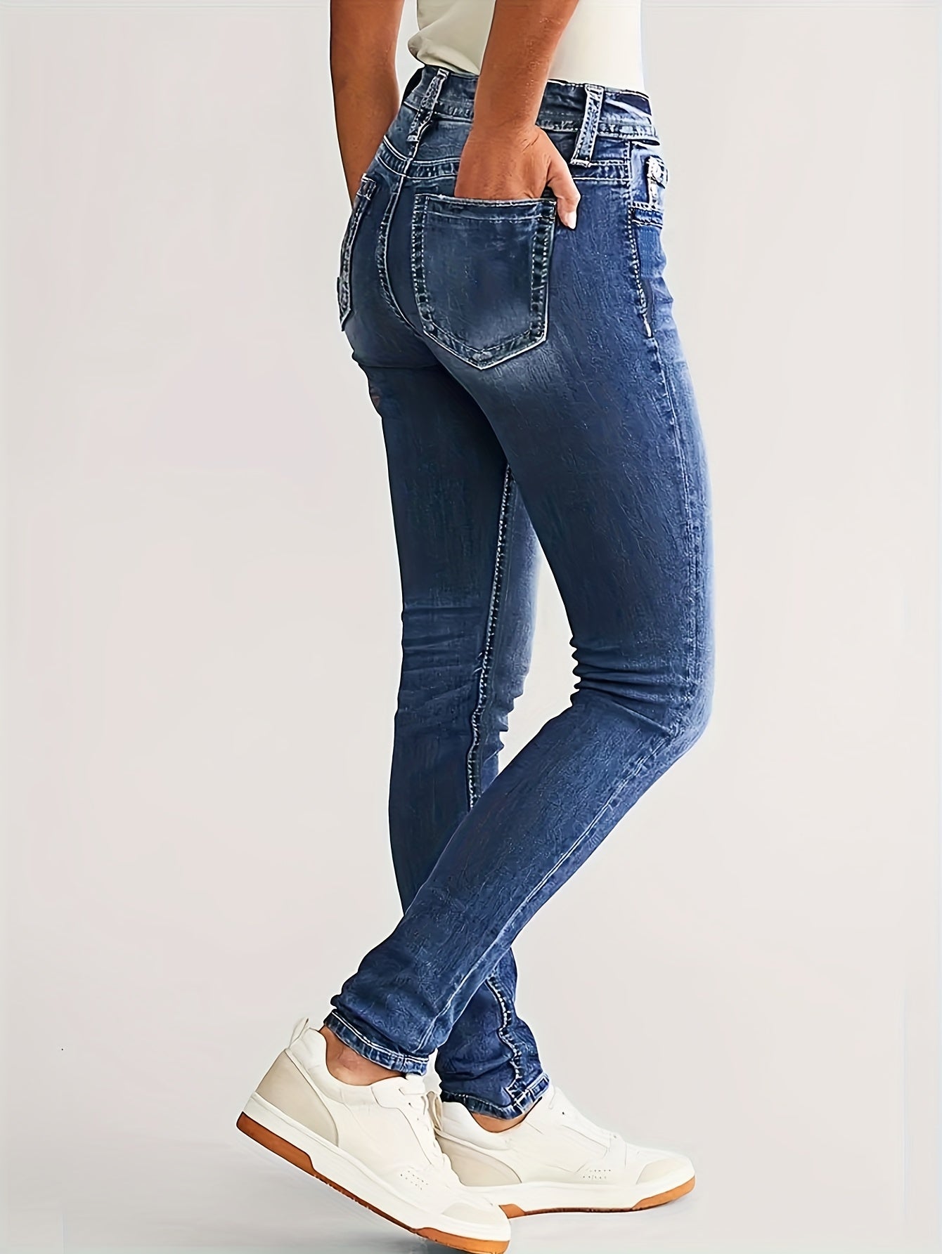 Jeans Femme Extensible Rétro Polyvalent Décontracté Élégant Taille Mi-Haute Durable Lavable Slim Poches Jambe Droite Style Street
