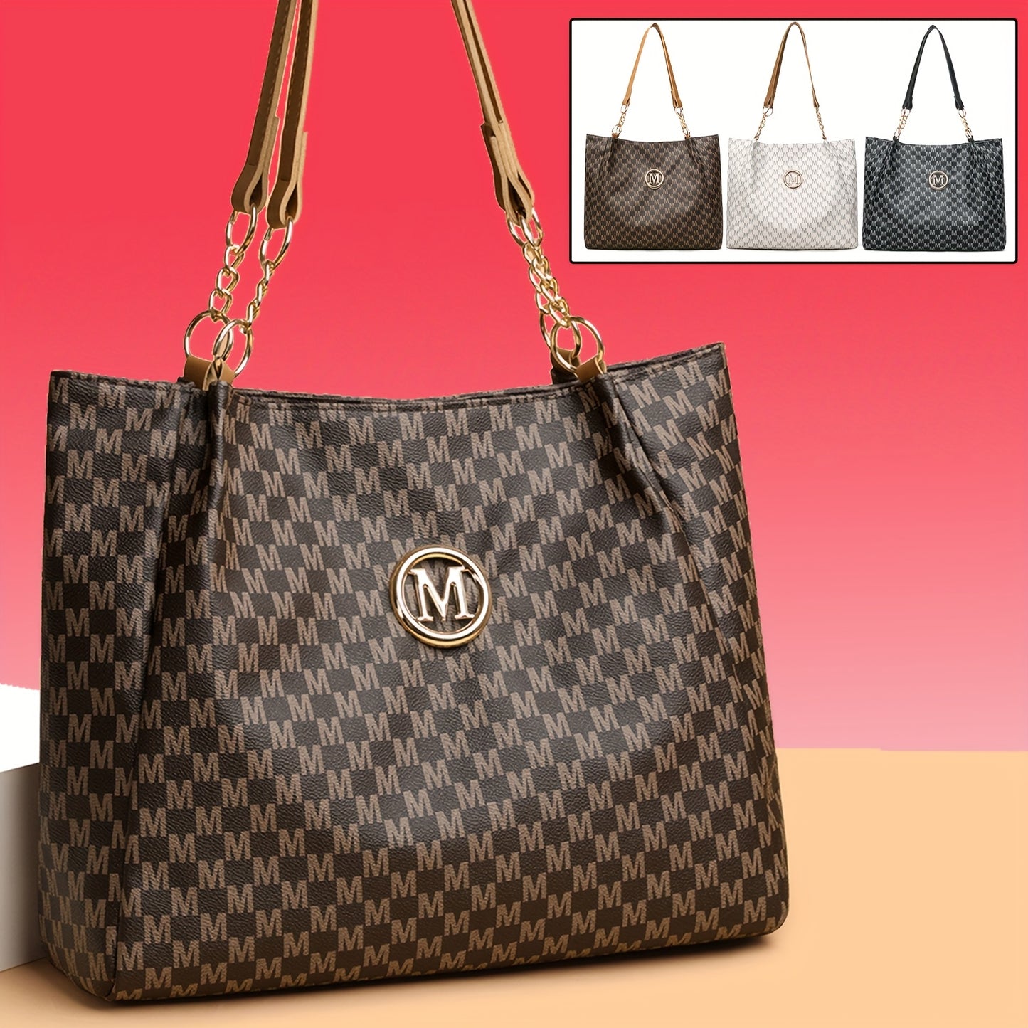 Sac Cabas Femme Élégant et Classique à Monogramme « M » – Grande Capacité, Cuir Synthétique avec Détails Marron, Bandoulières Fixes et Quincaillerie Dorée, Fermeture Éclair, Parfait pour le Travail, Déplacements et Shopping