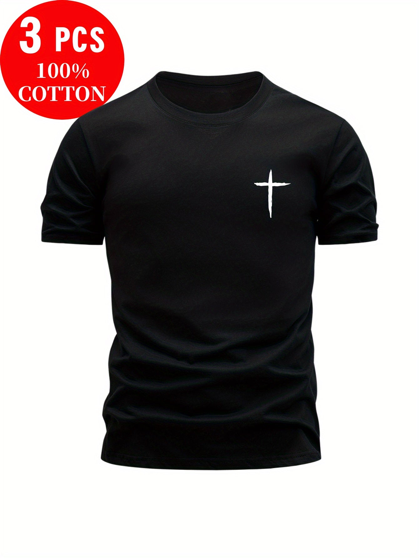3pcs Men'S 100% Cotton Slim Fit T-Shirts - Breathable Round Neck Short Sleeve Tops with Cross Design, Lightweight & Moisture-Wicking for Summer Casual Wear, Everyday Tshirt | Minimalist Design | Breathable Fabric, Sweat-Resis