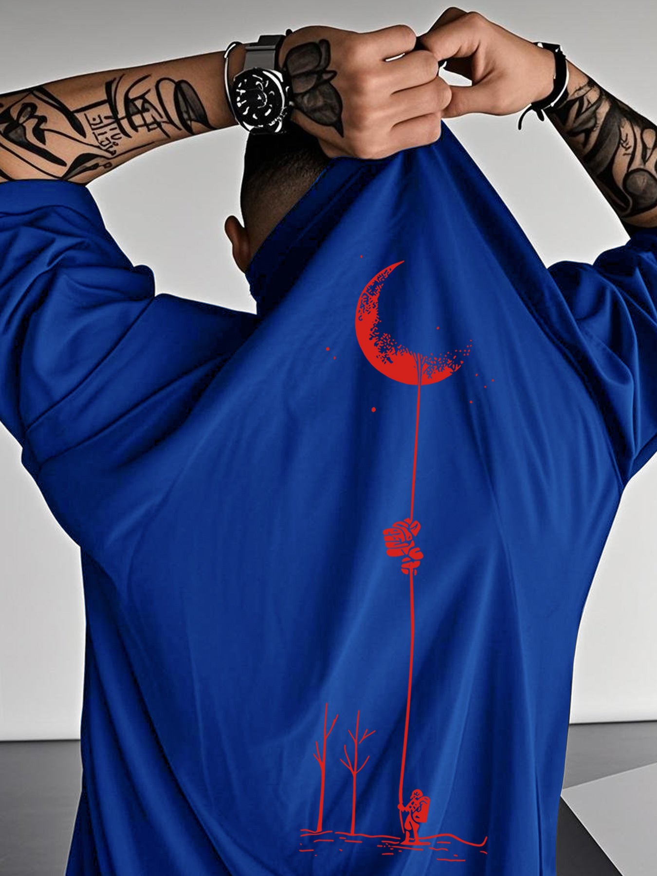 Moon and Trees Design Front & Back Graphic Crew Neck Cotton Summer Fashion Short Sleeve Casual Daily Style Top with Unique Geometric Pattern, Suitable for Spring/Summer Outdoor Activities