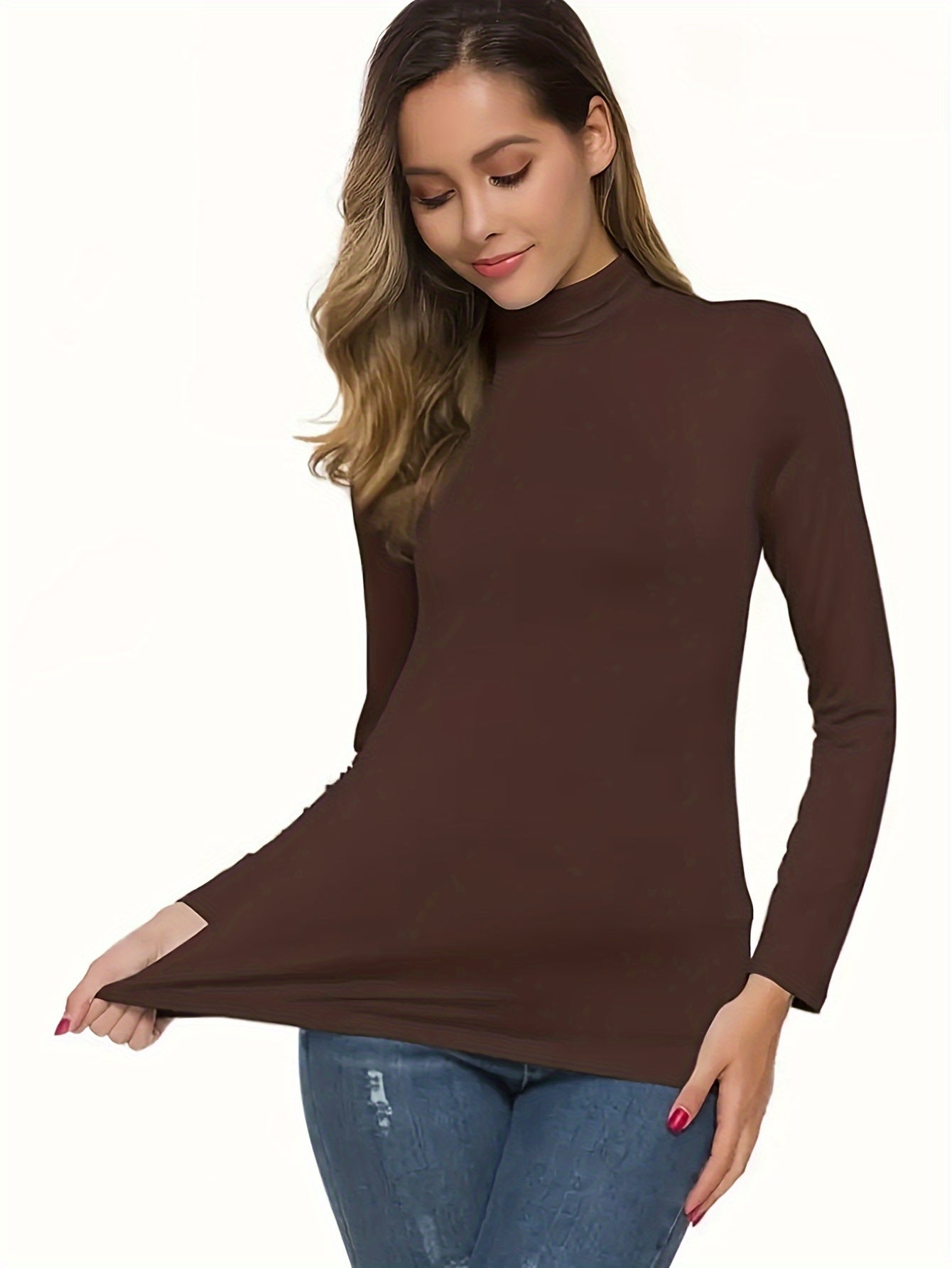 Lot de 3 t-shirts à col montant, manches longues pour femmes, automne et hiver, base polyvalente décontractée à superposer