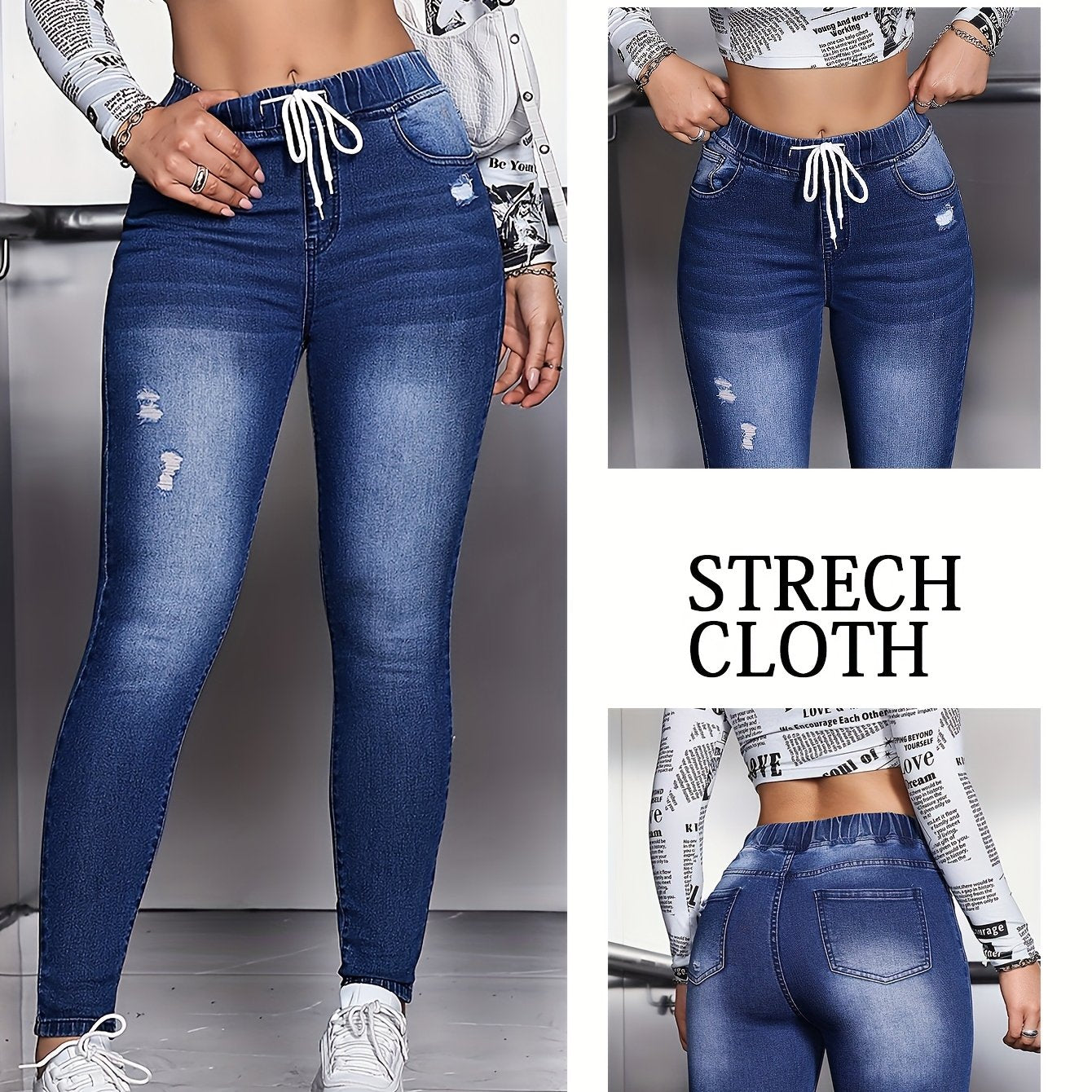 Jeans Femme Denim 9/10 Longueur Couleur Unie Coupe Slim Extensible Style Sport Ceinture Cordon