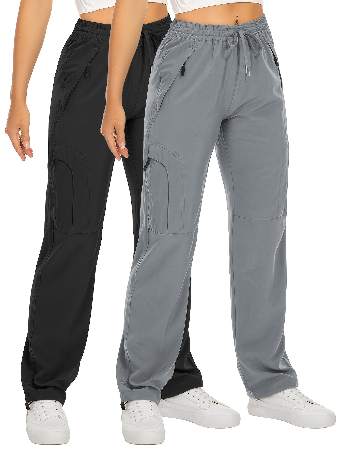 Lot de 2 Pantalons Cargo Femme – Poches Zippées, Tissu Respirant et Séchant Rapidement, Extensible, Automne, Noir et Blanc