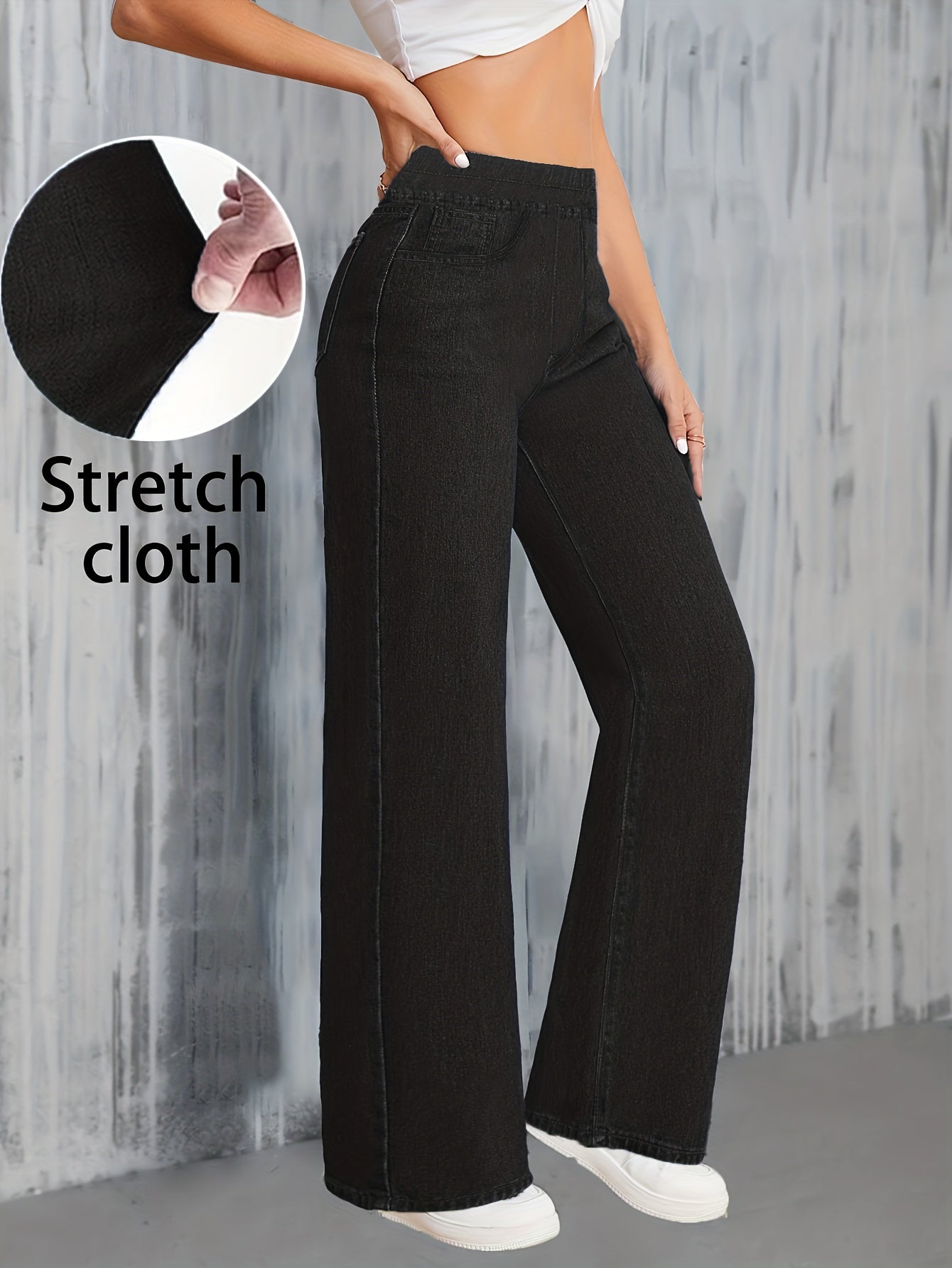 Jeans Femme Taille Haute Jambe Large Extensible Élégant Jambe Droite Poches Ceinture Denim Effet Lavé Toute Saison Décontracté Bureau Voyage