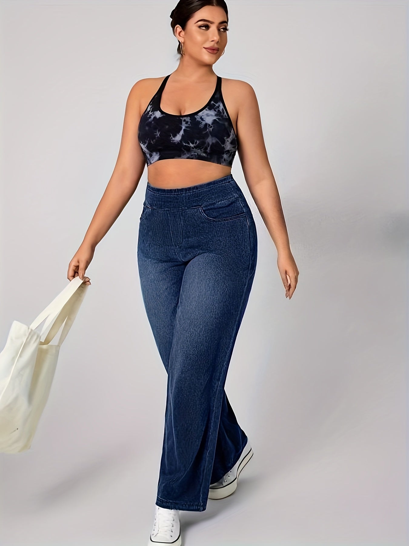 Jeans Femme Taille Haute Jambe Large Extensible Non Transparent Ceinture Élastique Toute Saison Poches Polyvalent Grande Taille