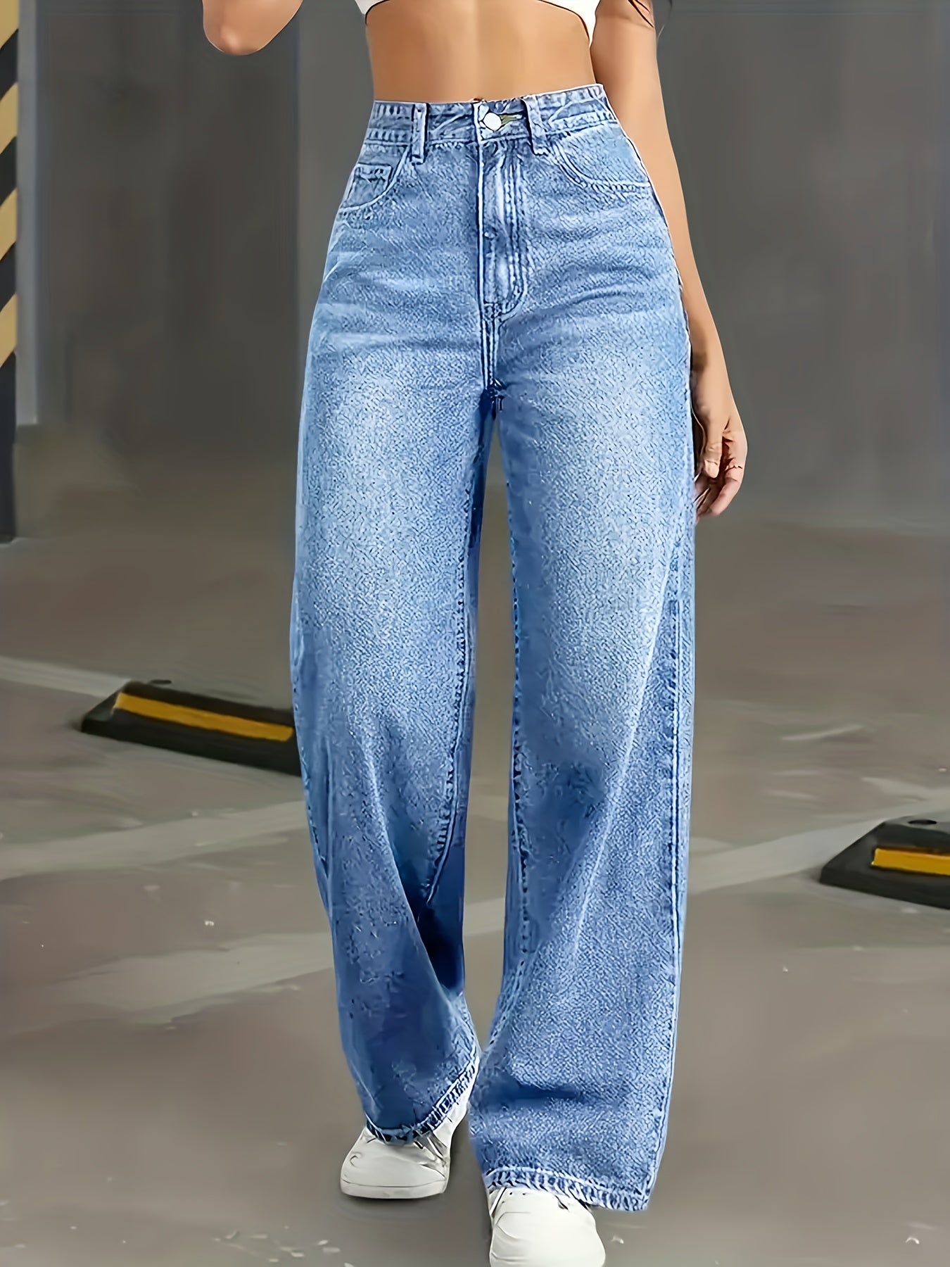 Jean Femme Taille Haute Évasé et Extensible - Pantalon Droit Bleu Délavé avec Ceinture et Poches, Effet Gainant, Idéal pour Toutes Saisons, Travail, Bureau ou Voyage - Jean Casual et Chic