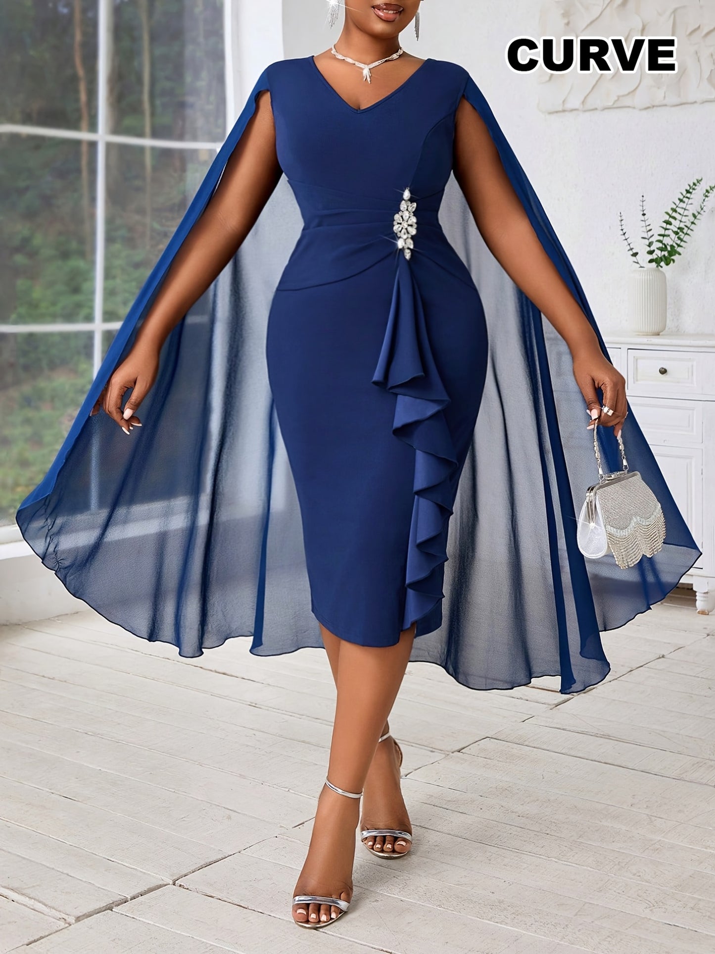 Robe Grande Taille Élégante – Manches Chauve-Souris, Détails en Mesh, Style Cache-Cœur, Mode et Confort