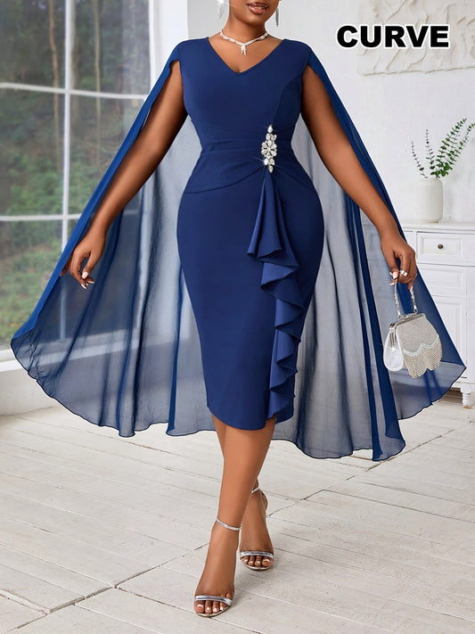 Robe Grande Taille Élégante – Manches Chauve-Souris, Détails en Mesh, Style Cache-Cœur, Mode et Confort