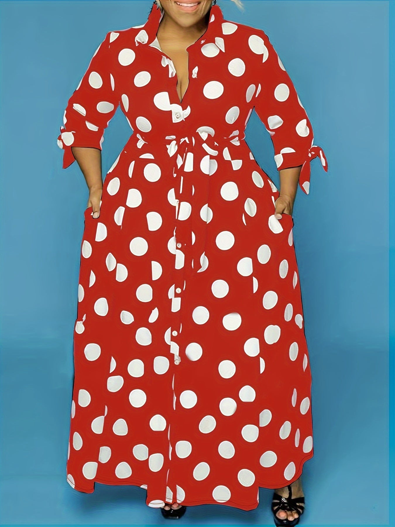 Robe Élégante Grande Taille – Femme, Maxi Robe à Pois, Boutonnée, Col avec Ceinture
