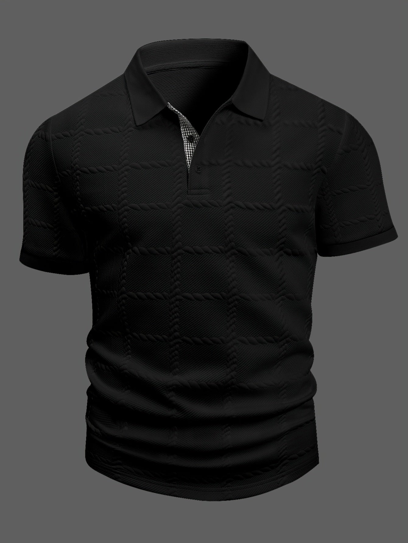 Men's Short Sleeve Shirt with Geometric Jacquard Textured Check Pattern, Classic Solid Color Flat Knit Ribbed Collar and Cuffs, Houndstooth Patch Design on Placket, Golf Casual Wear, Everyday Workwear, Outdoor Casual Clothing
