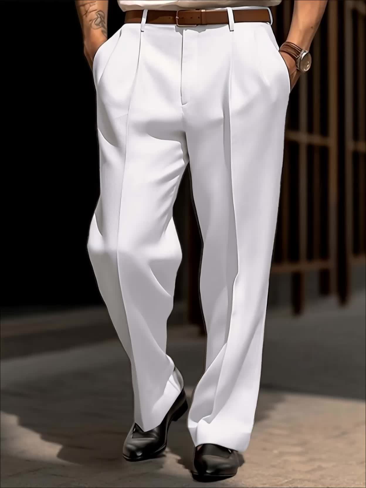 Pantalon blanc pour homme – classique, formel et décontracté, taille à cordon, tissu non extensible, idéal bureau, affaires et usage quotidien