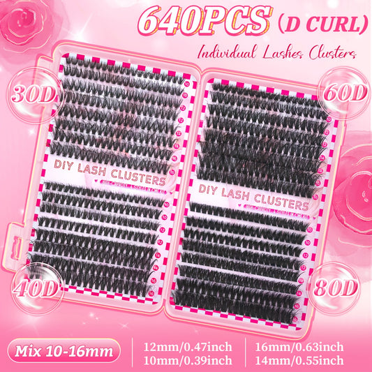 640 pcs de Cils Postiches DIY – D Curl, 9-16 mm Mélangés, Épaisseurs 30D/40D/50D/60D/80D, Parfaits pour Débutants à la Maison, Effet Épais et Fluffy, Idéal Cosplay/Halloween, Volume Intense, Longueurs Mélangées