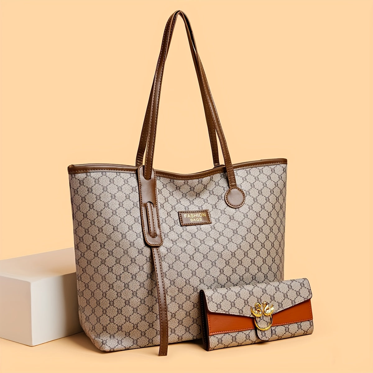 Sac fourre-tout tendance pour femmes – motif géométrique gris et brun foncé, fermeture zippée, doublure polyester